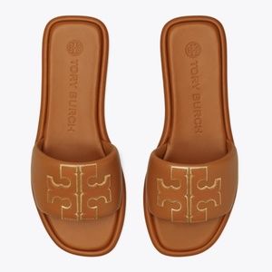 Size 8 Tory Burch Double T Sport Slide Bourbon Miele Gold Leather Sandals